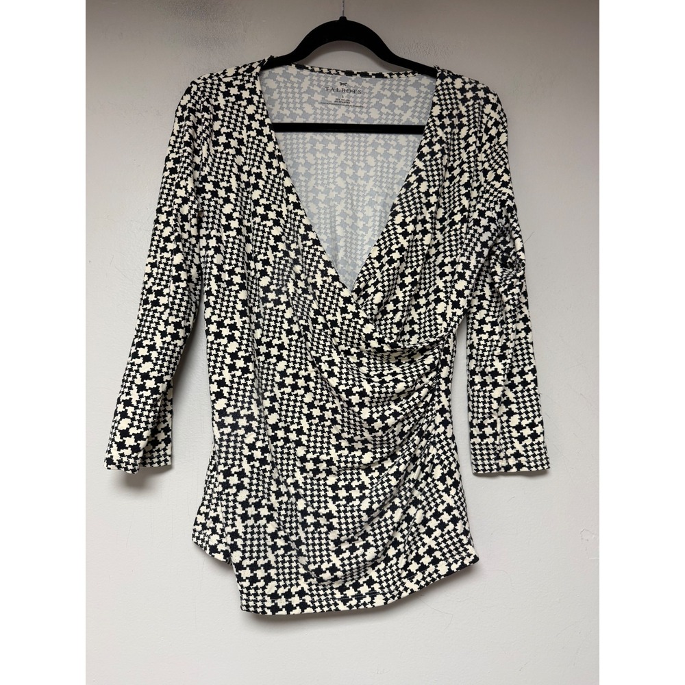 Talbots Surplice Top Womens Small‎ Black White Houndstooth Excellent 3/4 Sleeve
